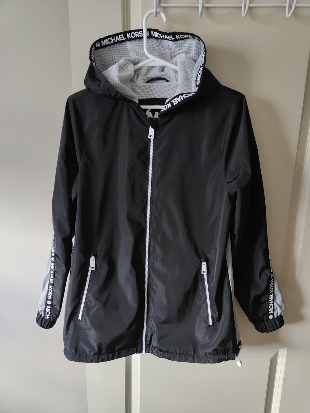 Michael Kors Hooded Rain Jacket with White Trim